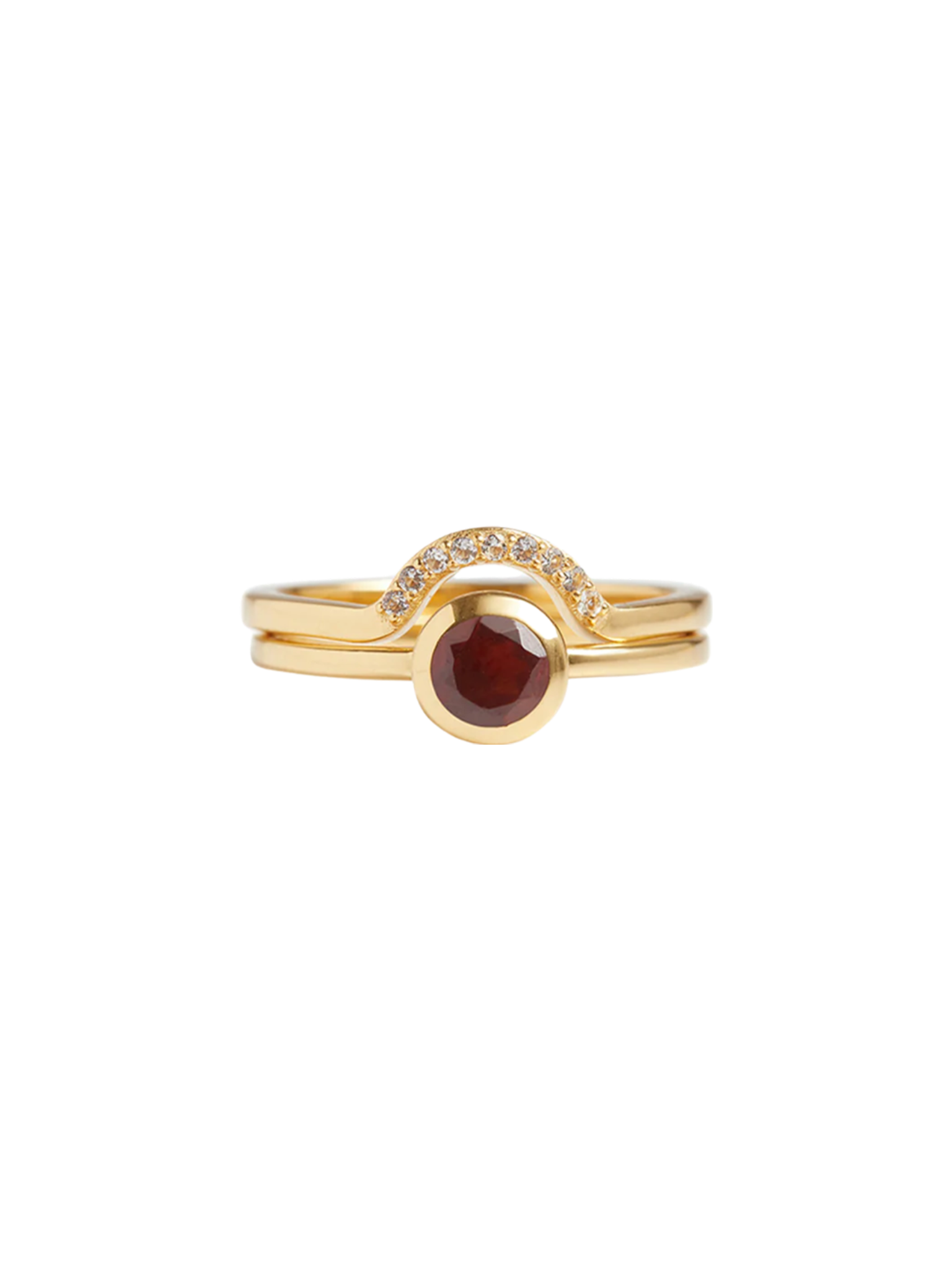 Mountain pave & solitaire stack garnet solid gold ring set